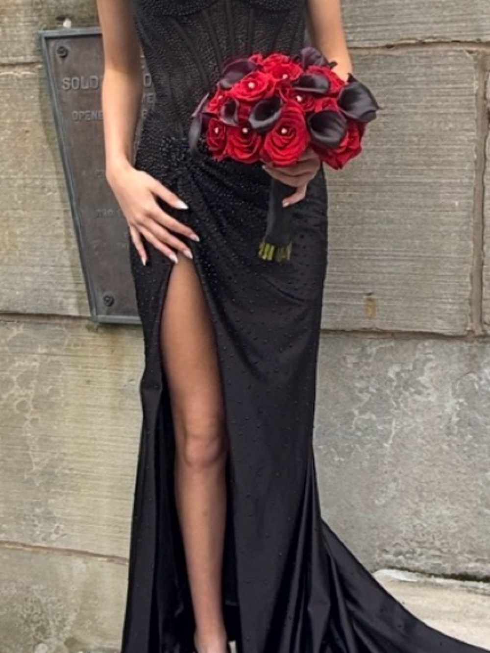 Elegant Sherri Hill Black Beaded Evening Gown with High Slit